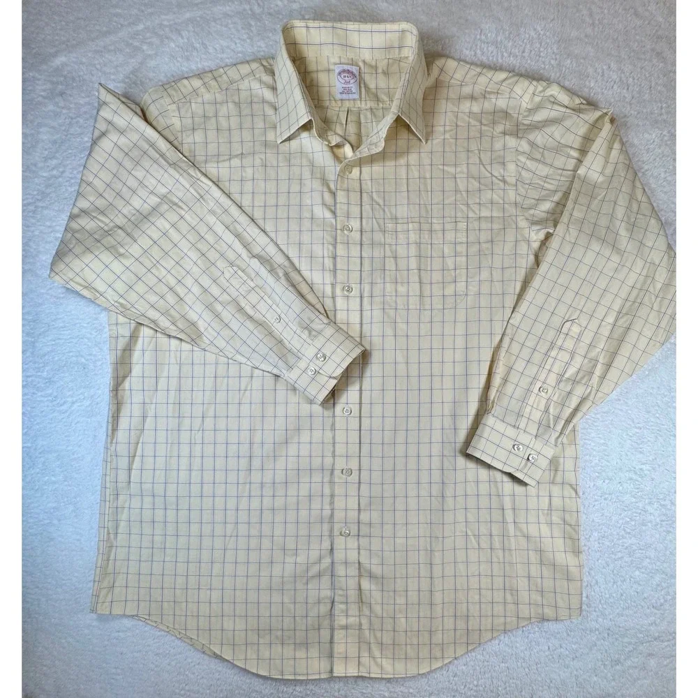 Brooks Brothers Dress Shirt Mens 18 6/7 Yellow Windowpane Check Non-Iron‎ Cotton